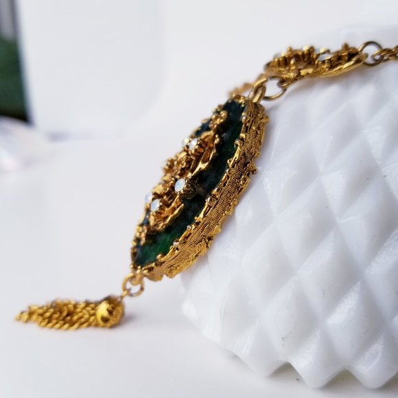 VTG LJM Emerald Green & Gold Enamel Necklace | Tassel Pendant | Mid-Century Glam - Picture 7 of 11